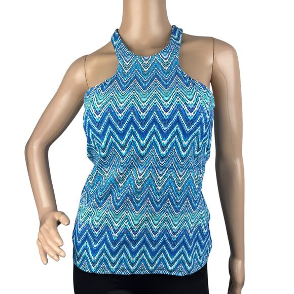 New Island Escape St. Martin Blue High Neck Zigzag Cutout Back Tankini Top 6 - Picture 1 of 6